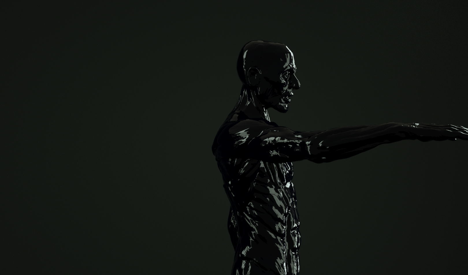 Black figure in dark room stretching arm out