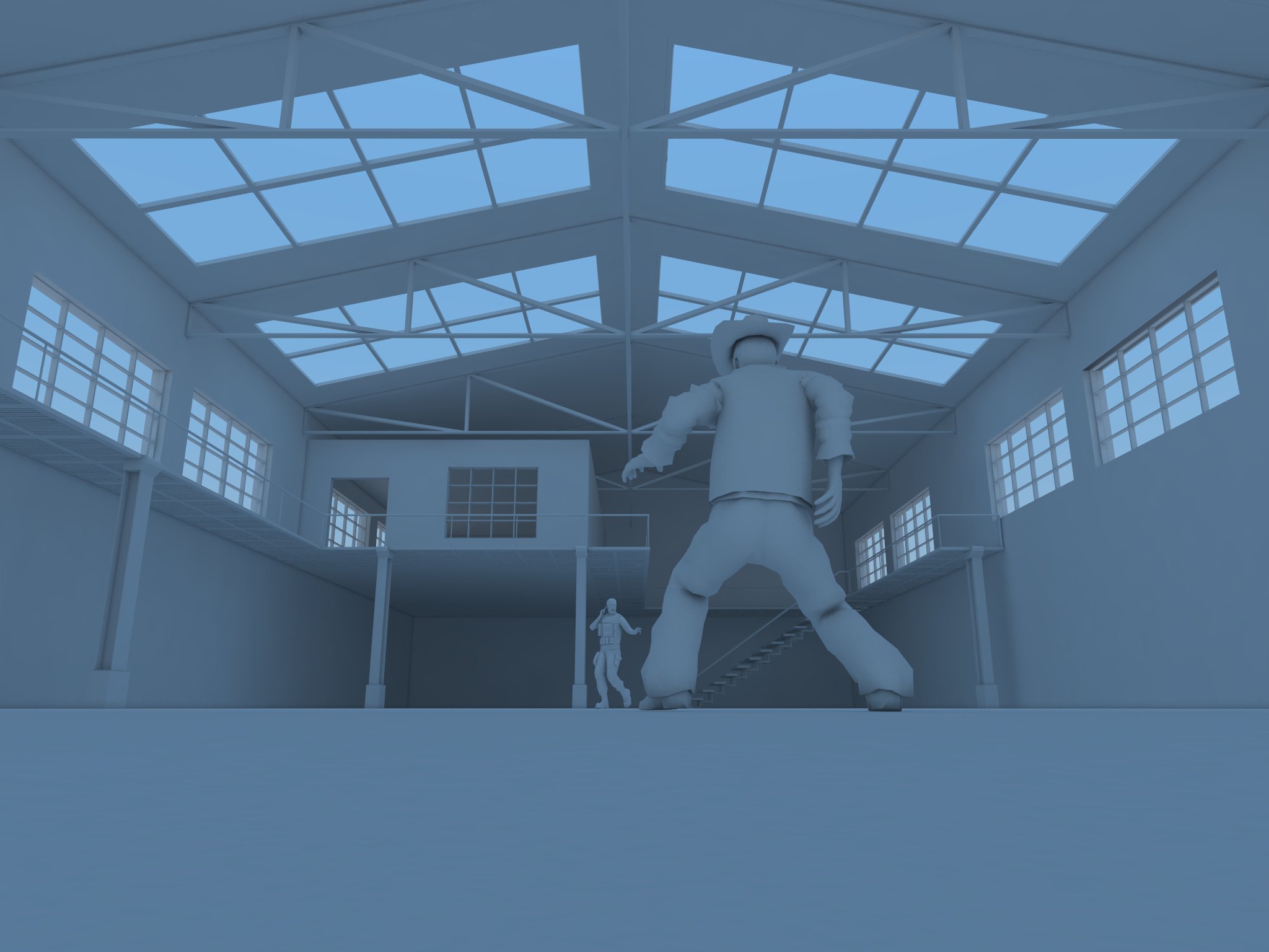 Duel in Warehouse | 3D Clay Render